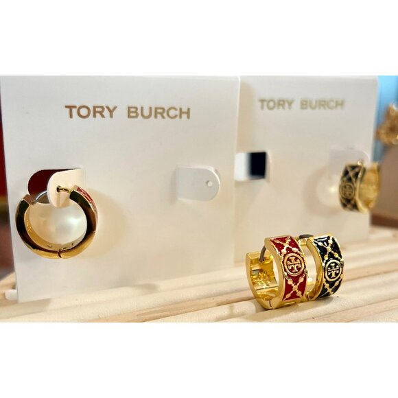 SET OF TWO - Tory Burch Red and Gold and Black and Gold Monogram Huggies - Picture 5 of 8